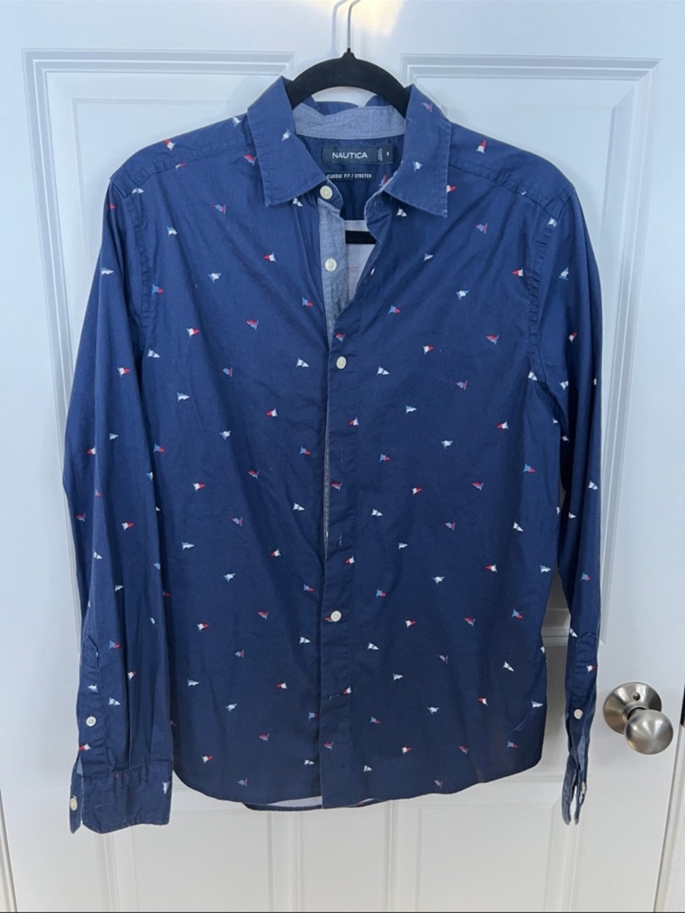 Nautica‎ Navy Button-Down Shirt with Red & White Sail Motifs